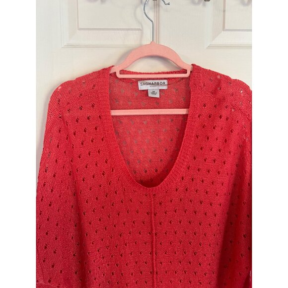 Sag Harbor Coral Scoop Neck Open Knit Sweater Coastal Lightweight Shirt Stretch - Picture 2 of 8